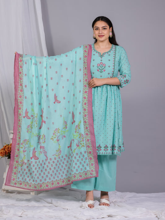 Embroidered Soft Cotton Floral Flared Mint Green Kurta