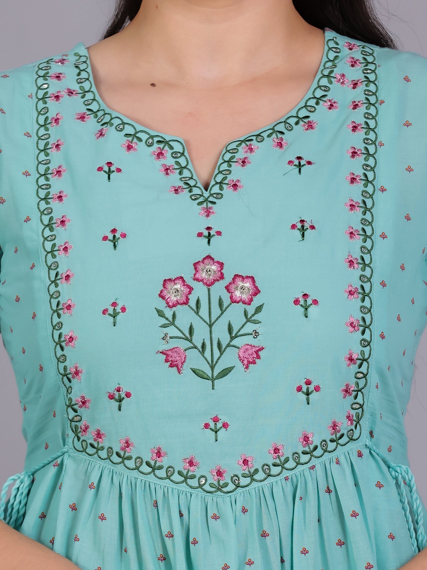 Embroidered Soft Cotton Floral Flared Mint Green Kurta