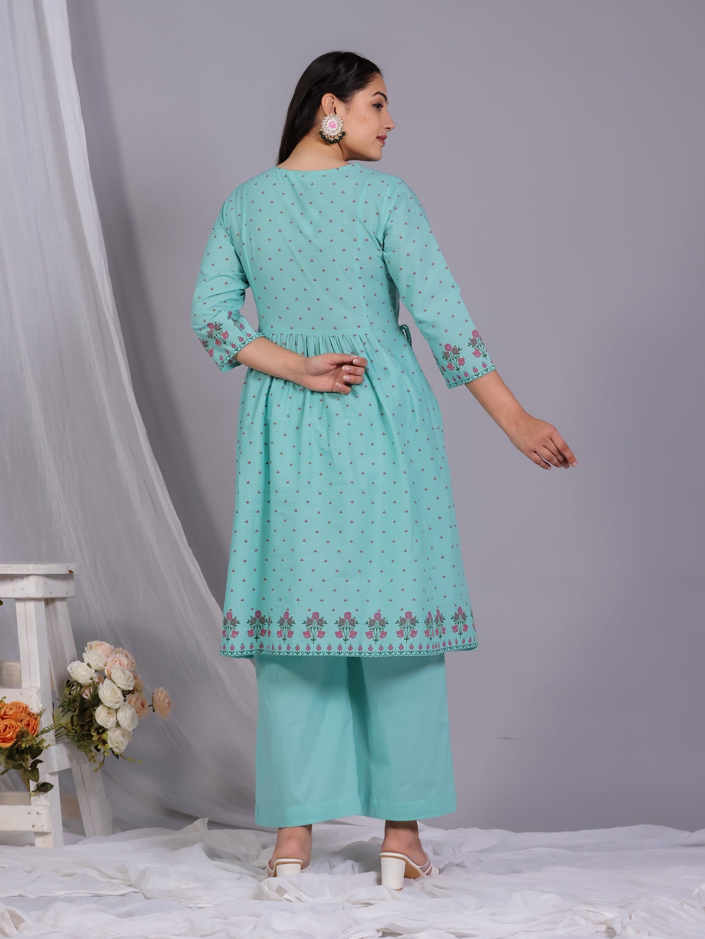 Embroidered Soft Cotton Floral Flared Mint Green Kurta