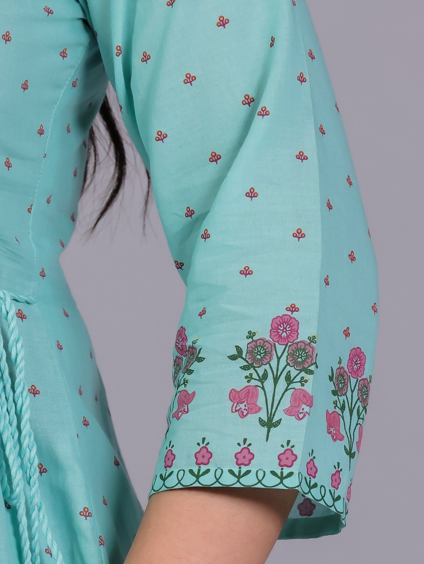 Embroidered Soft Cotton Floral Flared Mint Green Kurta