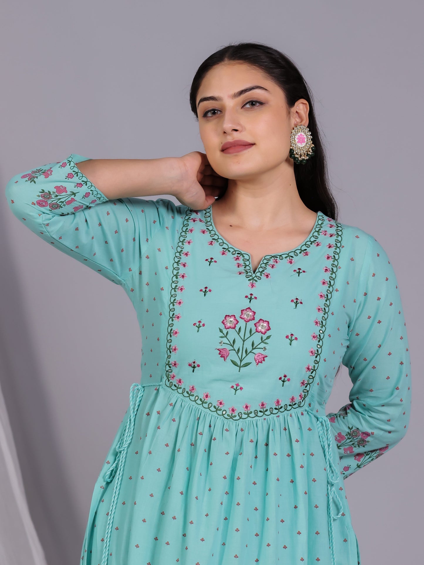 Embroidered Soft Cotton Floral Flared Mint Green Kurta