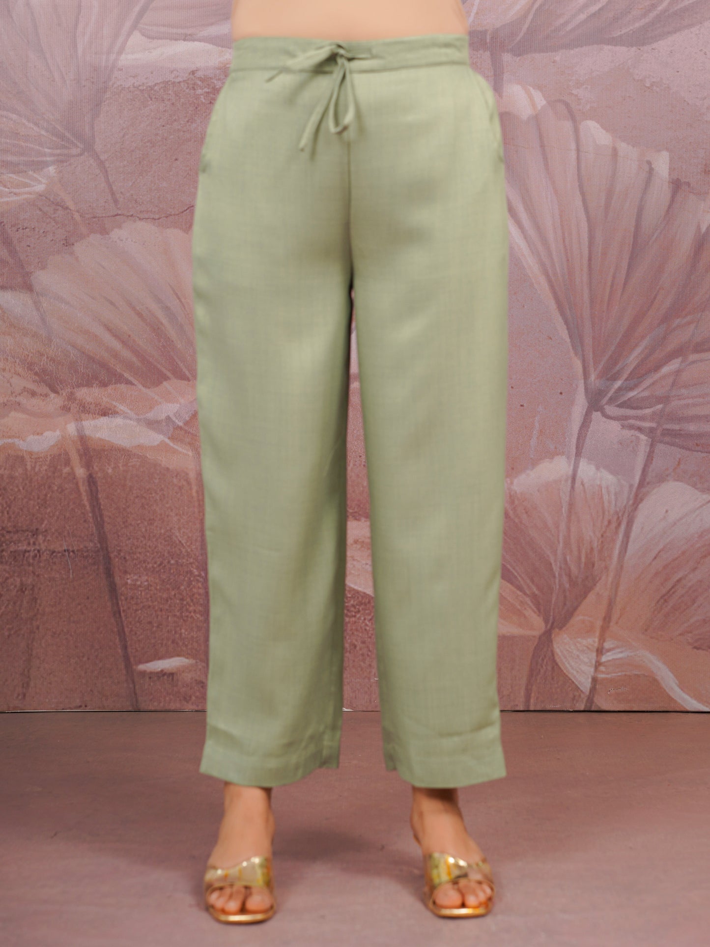 Blended Silk Solid Olive Straight Trousers