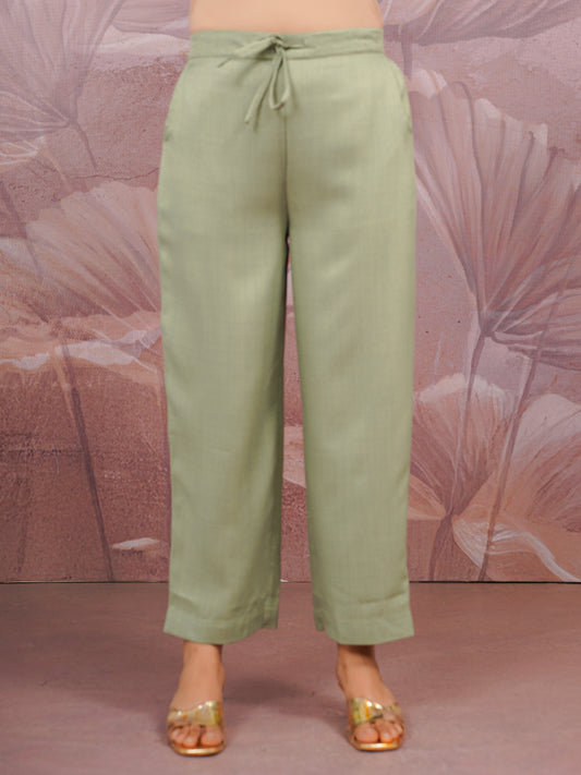 Blended Silk Solid Olive Straight Trousers