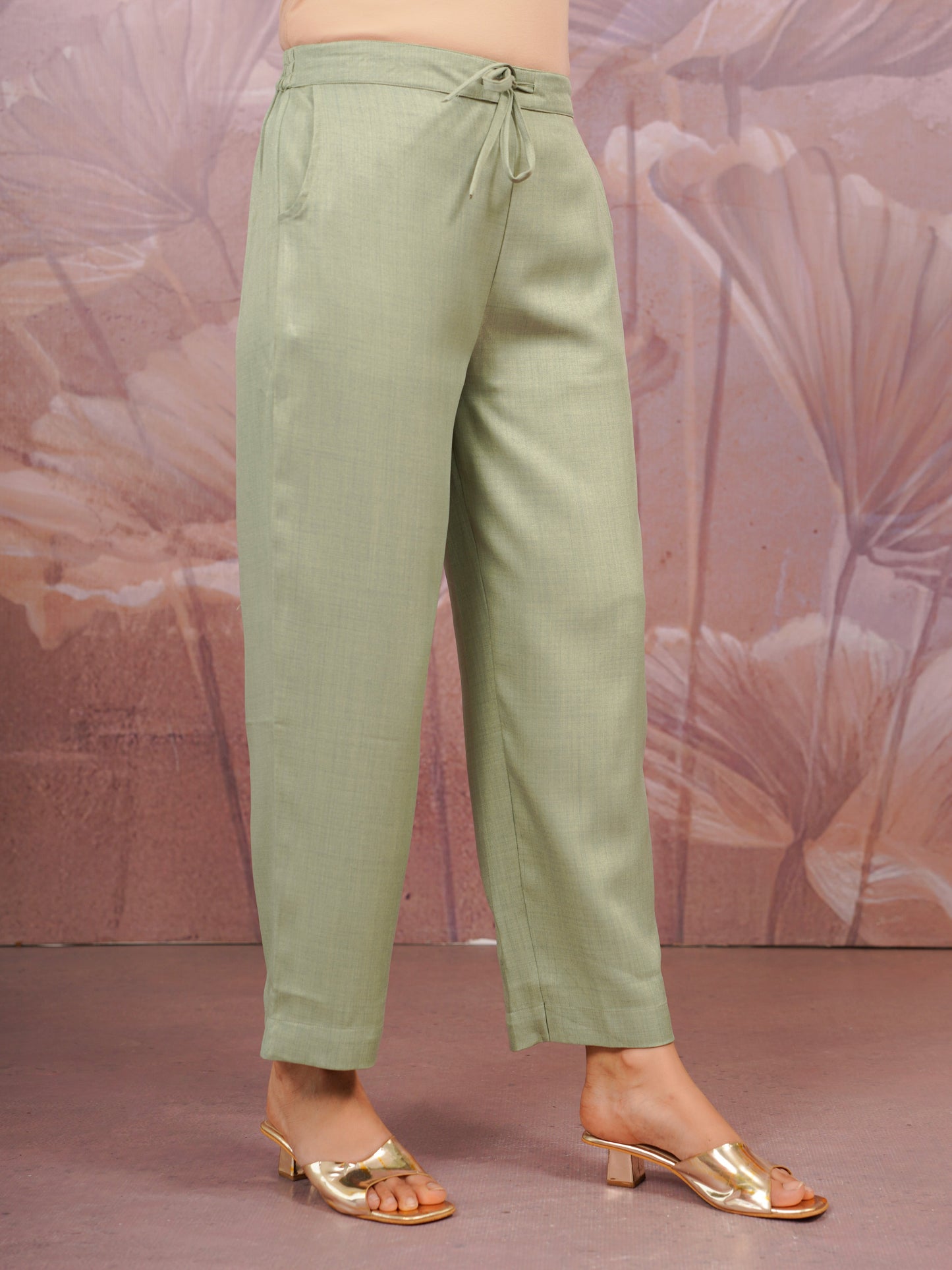 Blended Silk Solid Olive Straight Trousers