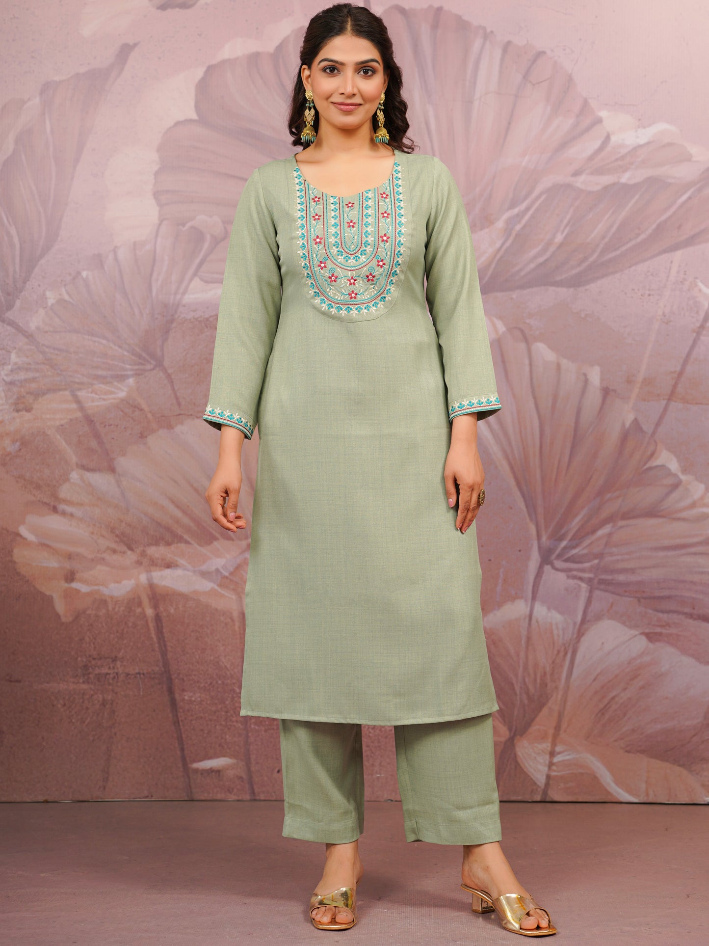 Embroidered Blended Silk Solid Straight Olive Kurta