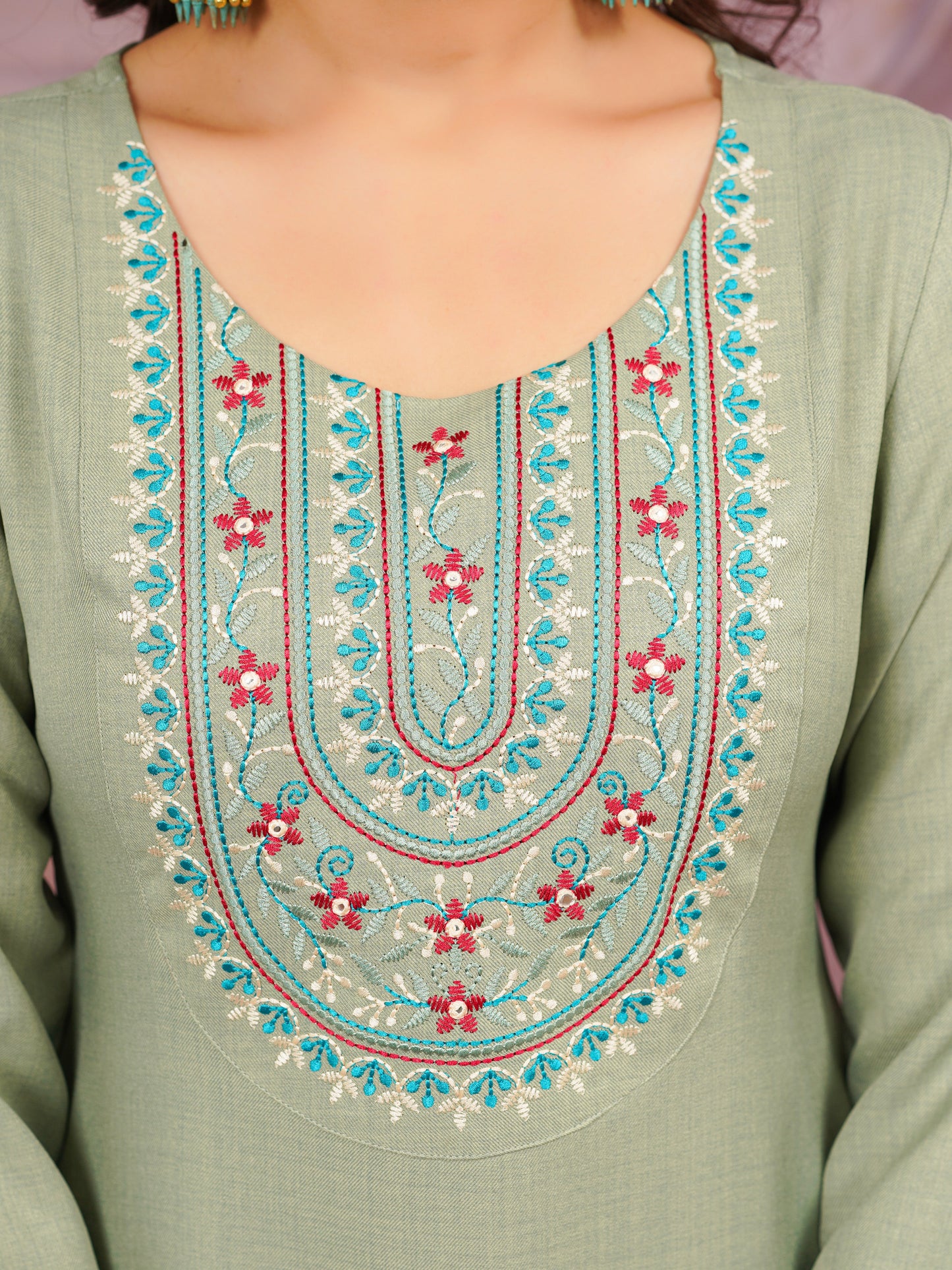 Embroidered Blended Silk Solid Straight Olive Kurta