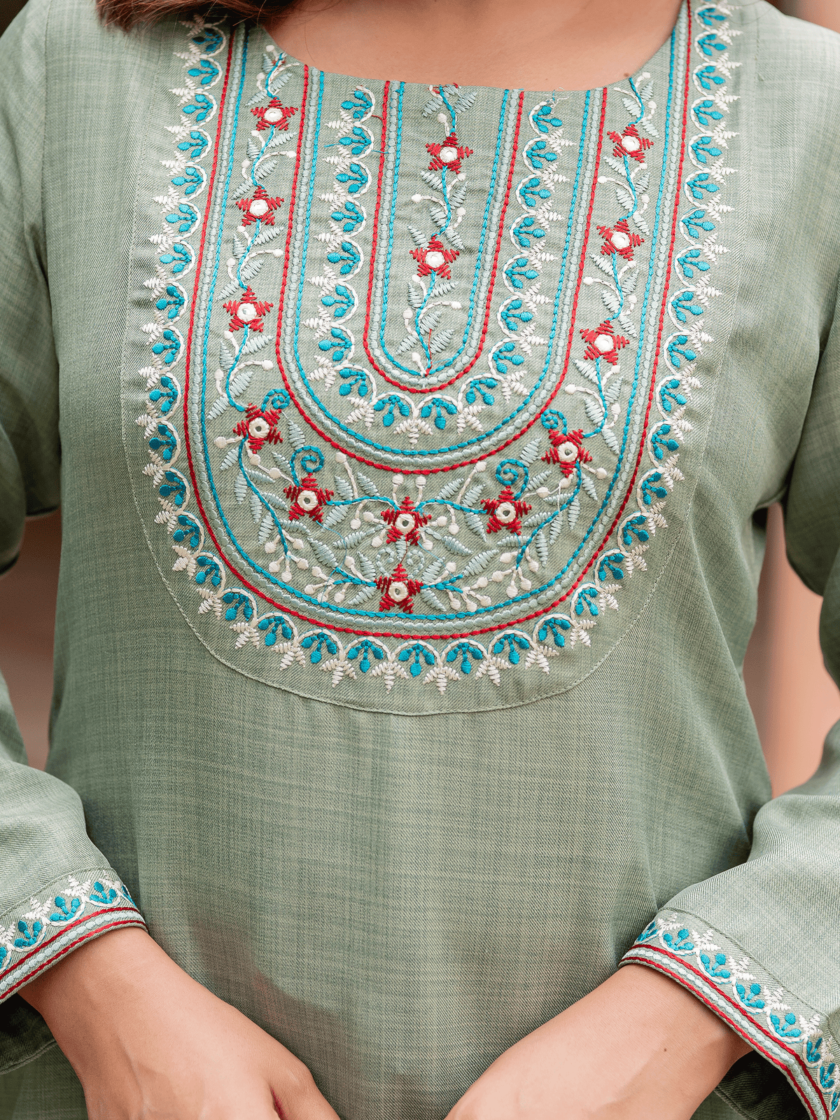 Embroidered Blended Silk Solid Straight Olive Kurta