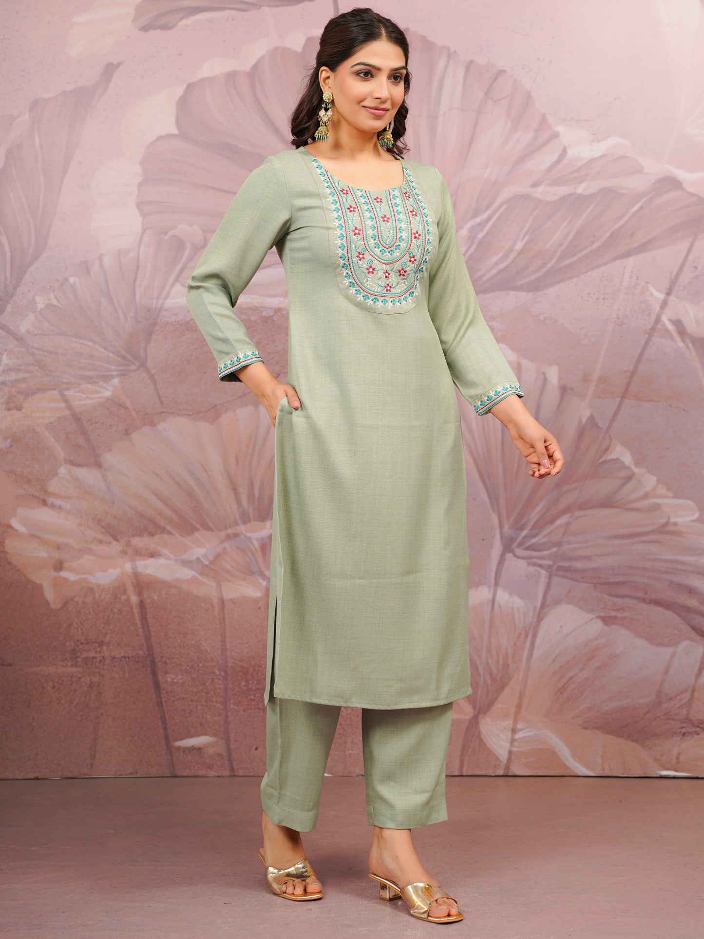 Embroidered Blended Silk Solid Straight Olive Kurta