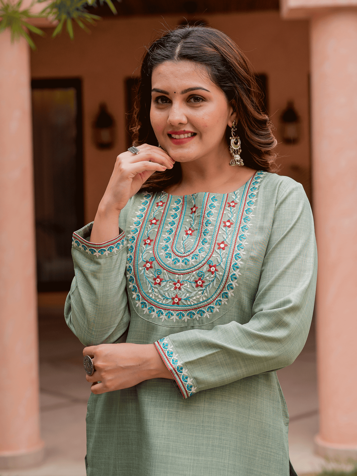 Embroidered Blended Silk Solid Straight Olive Kurta