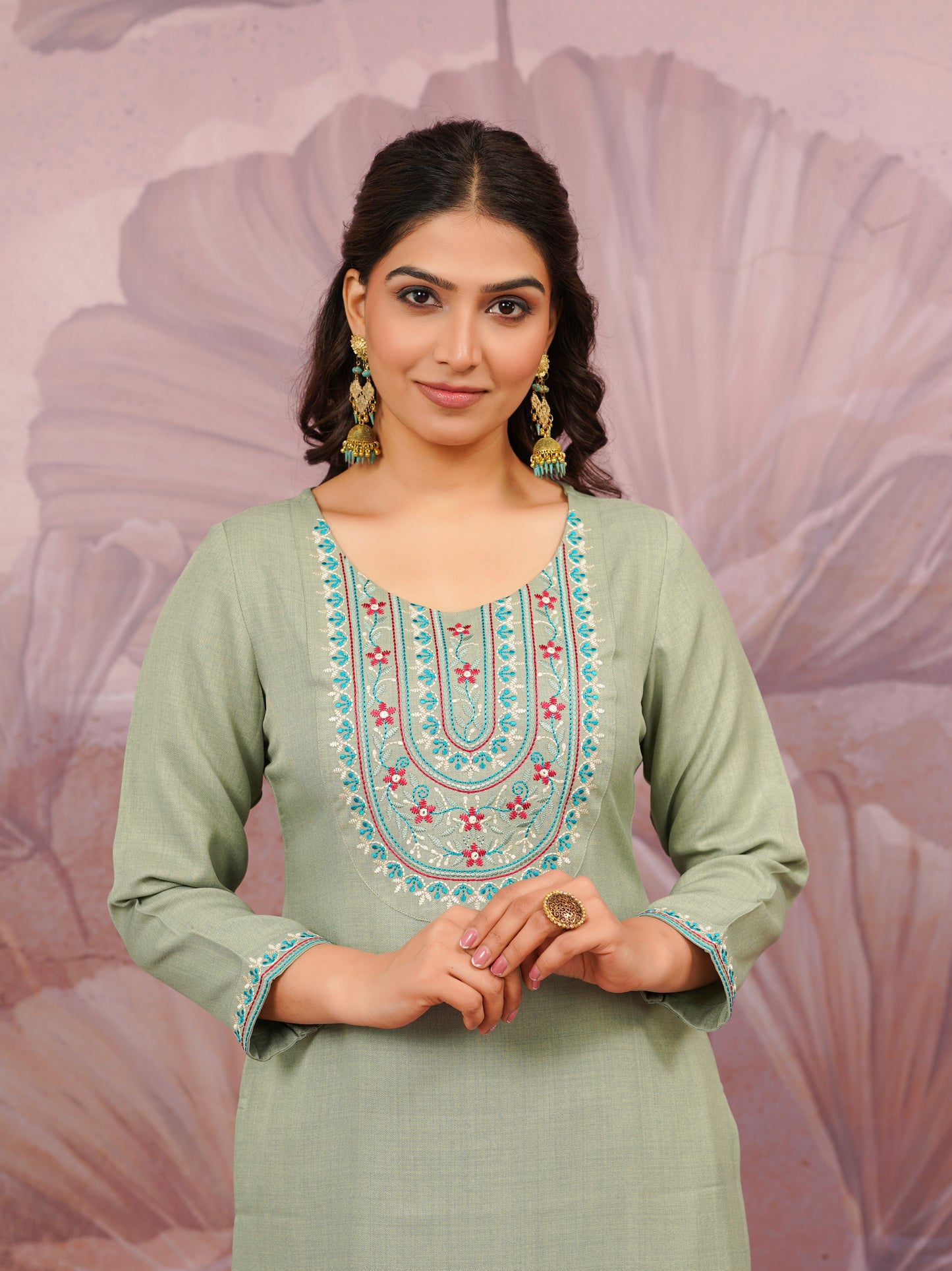 Embroidered Blended Silk Solid Straight Olive Kurta