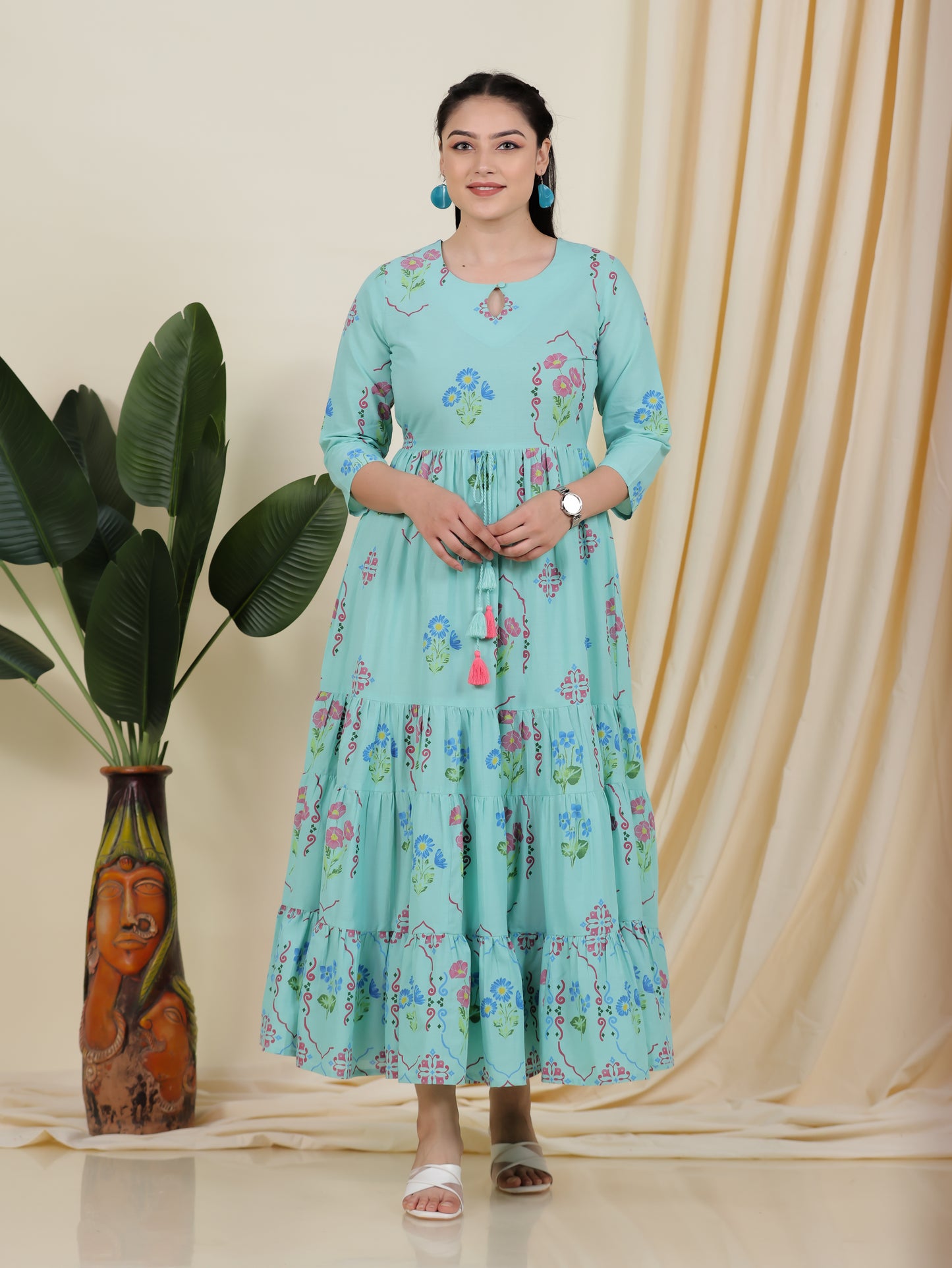 Soft Cotton Placement Print Anarkali Green Dress