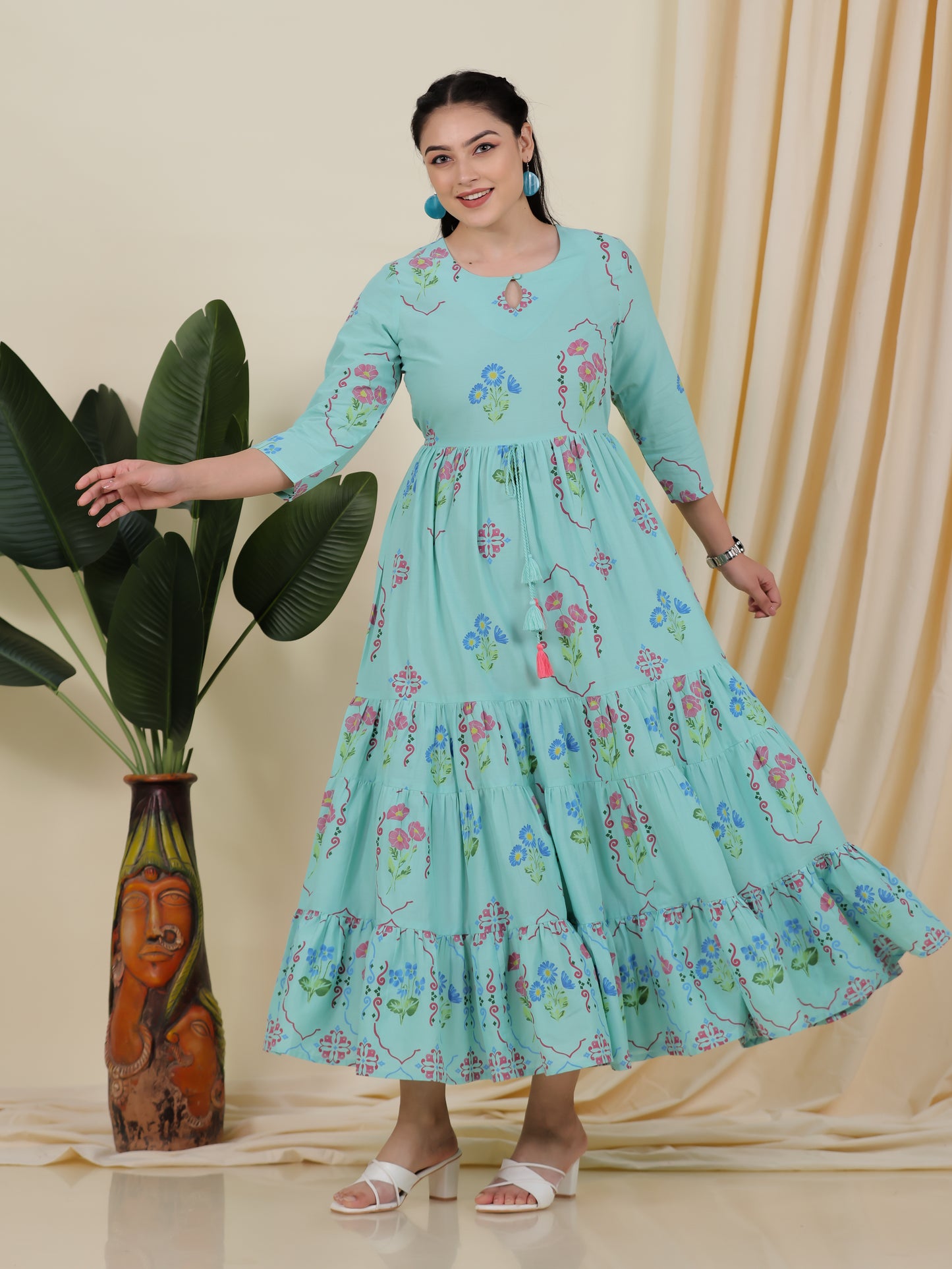 Soft Cotton Placement Print Anarkali Green Dress