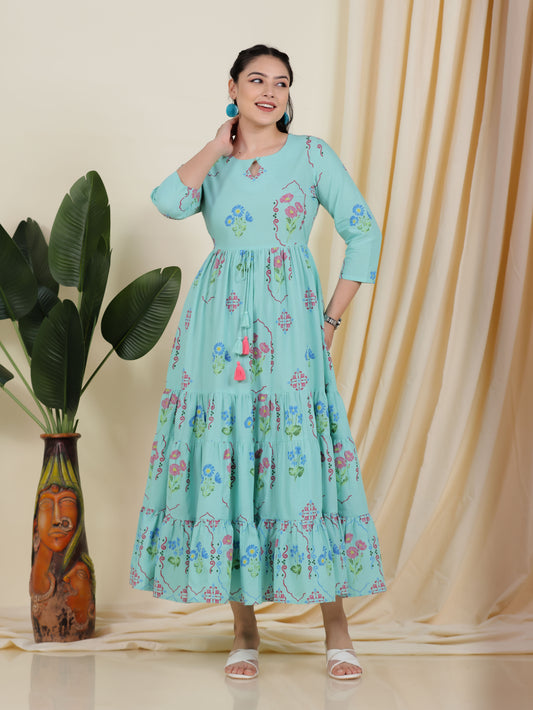 Soft Cotton Placement Print Anarkali Green Dress