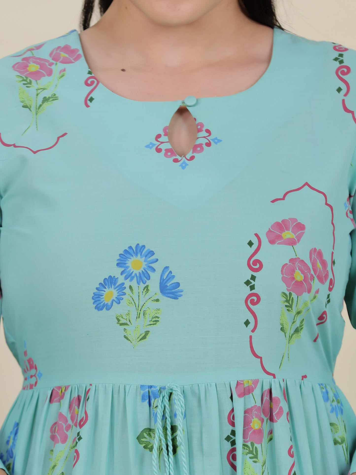 Soft Cotton Placement Print Anarkali Green Dress