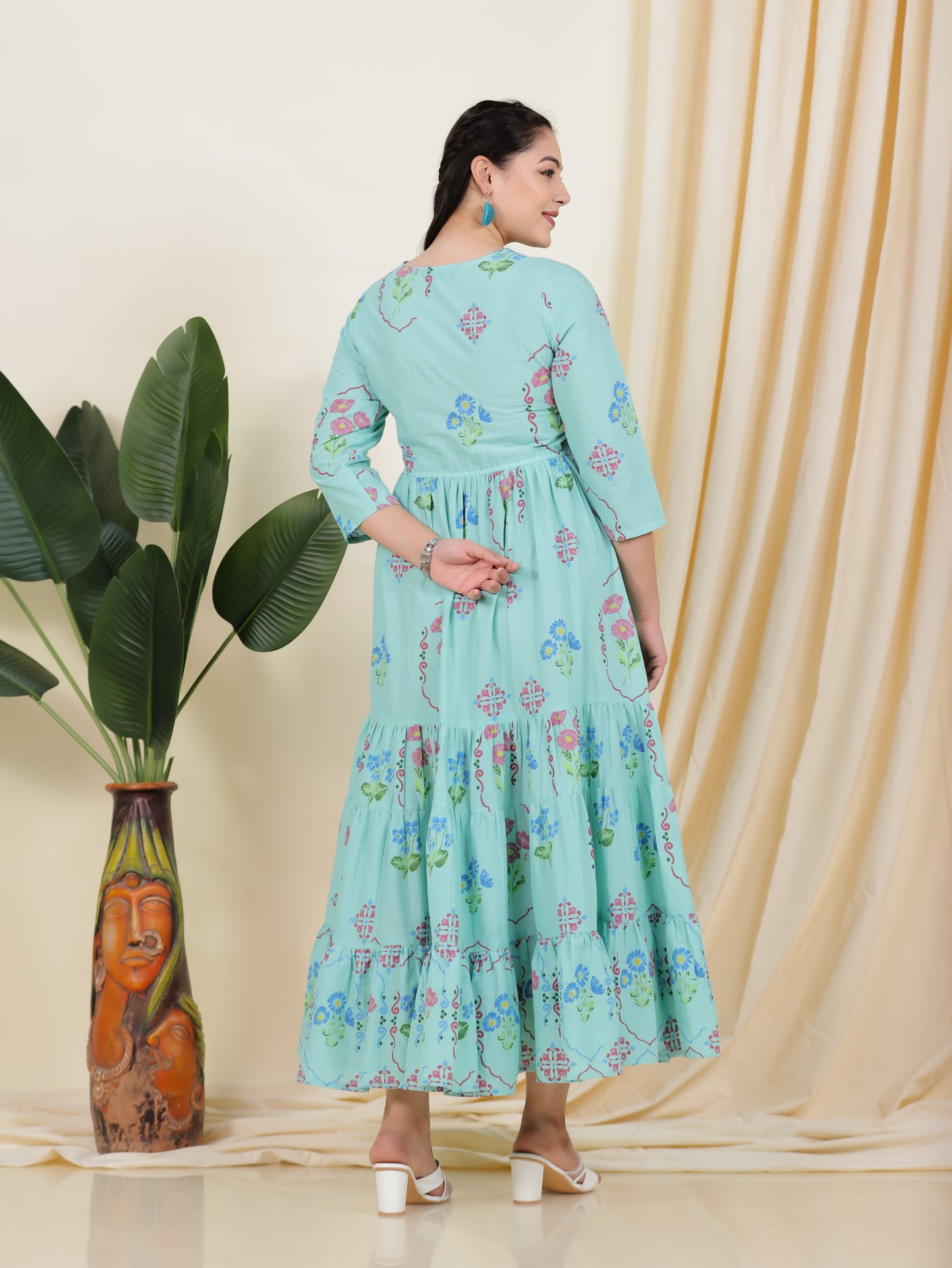 Soft Cotton Placement Print Anarkali Green Dress