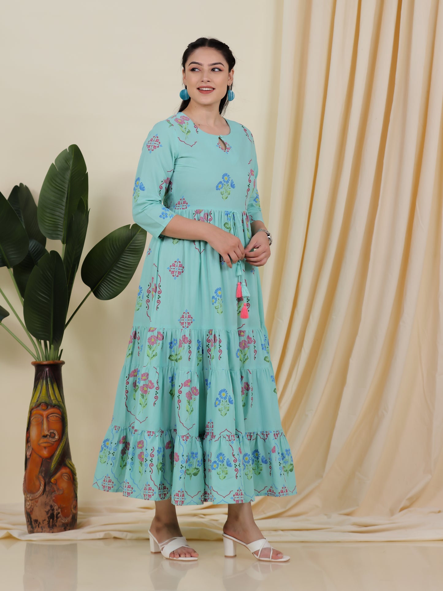Soft Cotton Placement Print Anarkali Green Dress