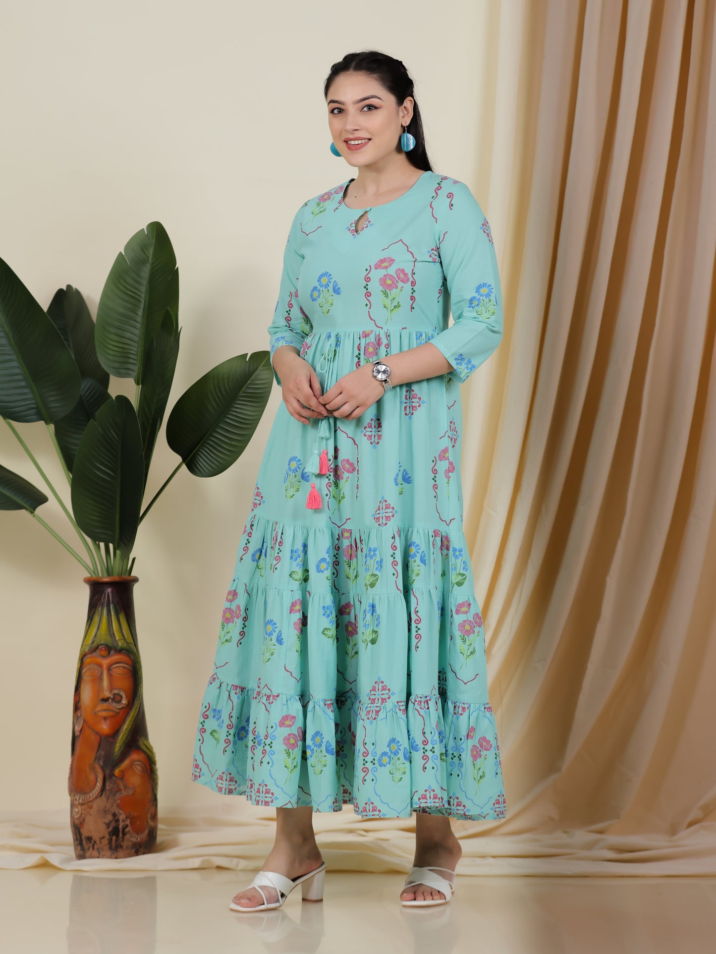 Soft Cotton Placement Print Anarkali Green Dress