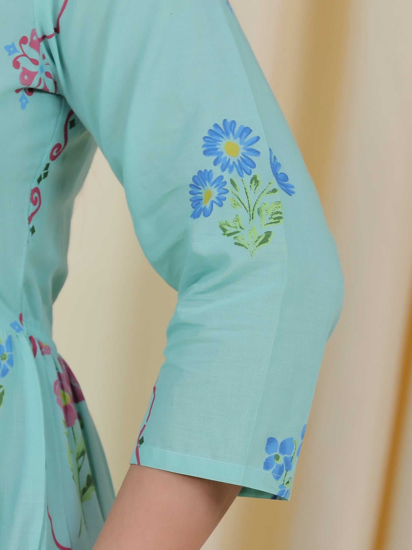 Soft Cotton Placement Print Anarkali Green Dress