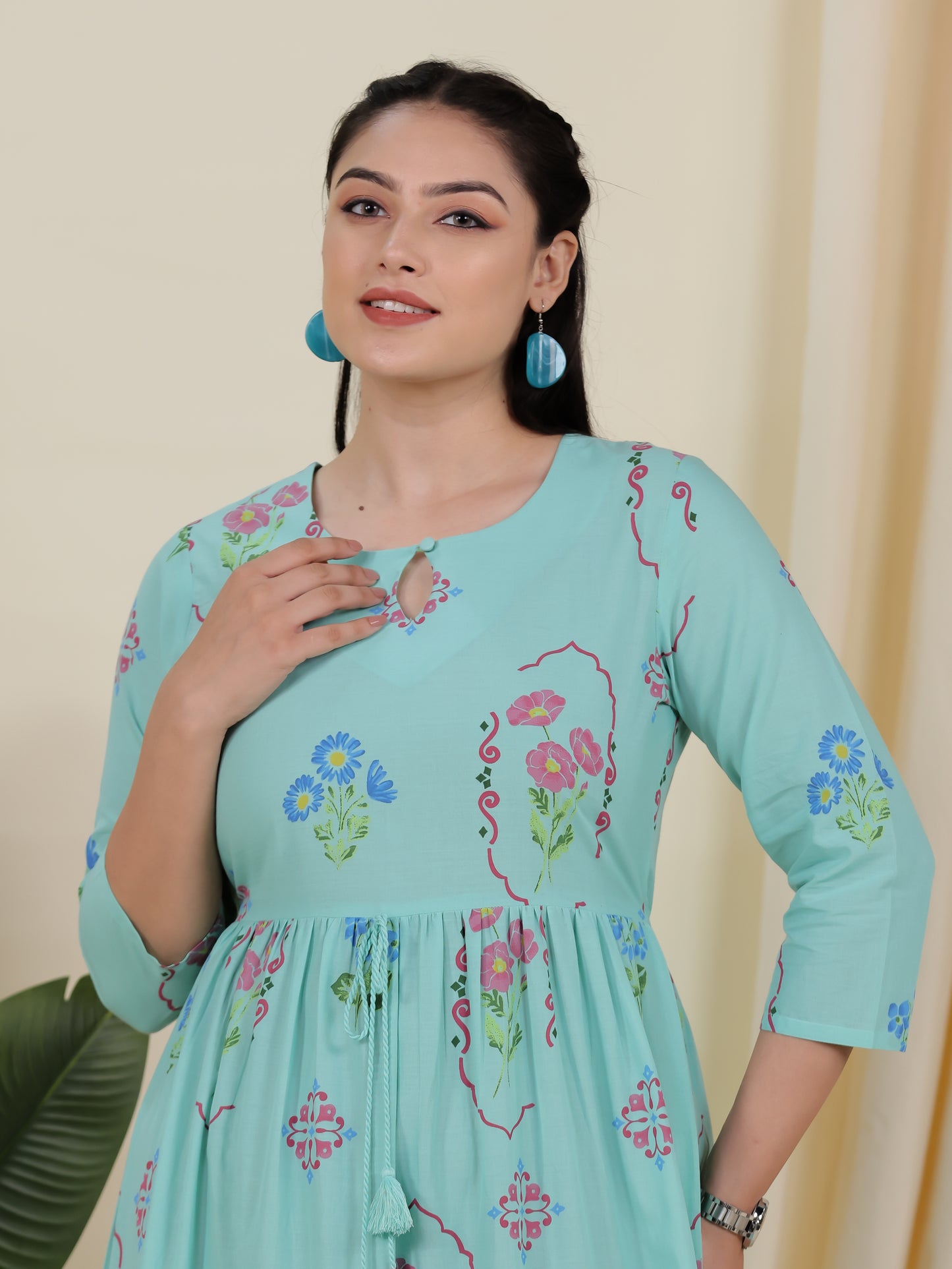 Soft Cotton Placement Print Anarkali Green Dress