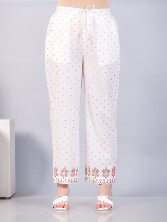 Soft Cotton Floral Off White Straight Trousers