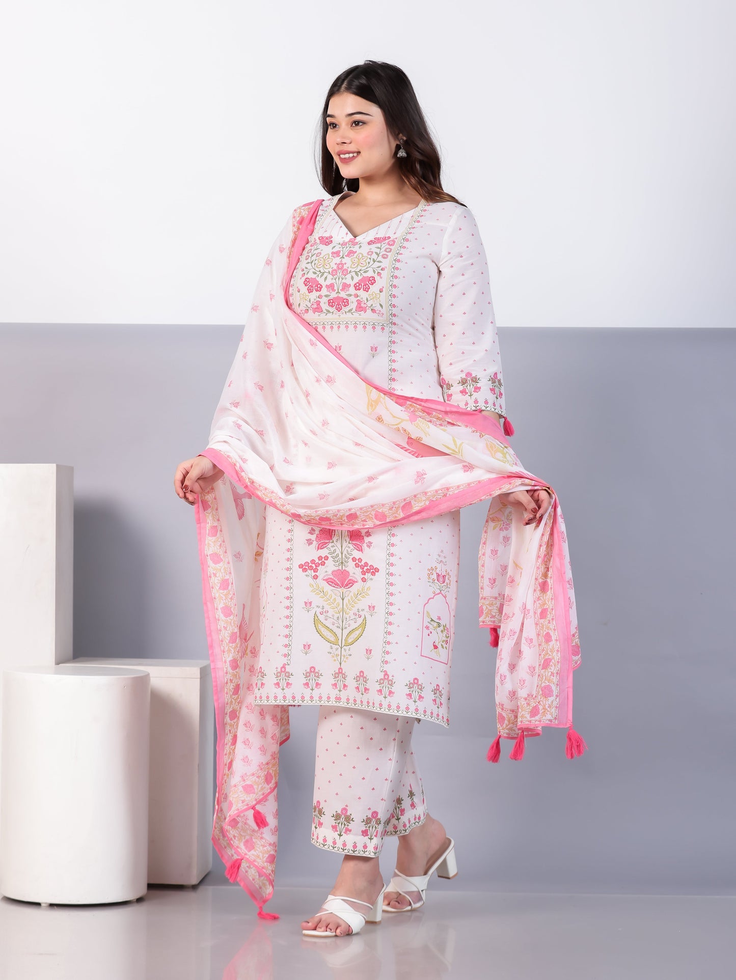 Cotton Voile Floral Off White Dupatta