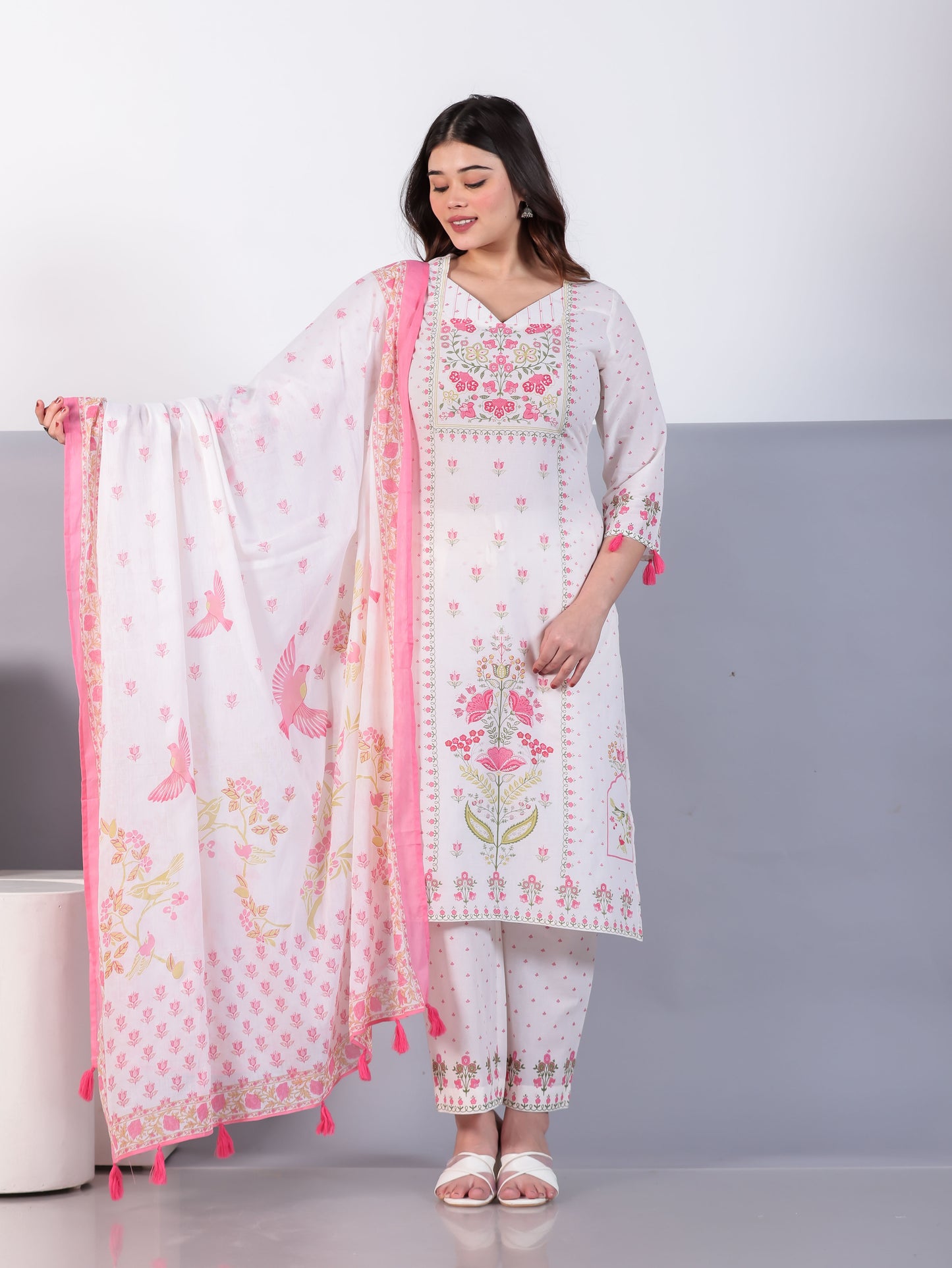Embroidered Soft Cotton Floral Straight Off White Kurta