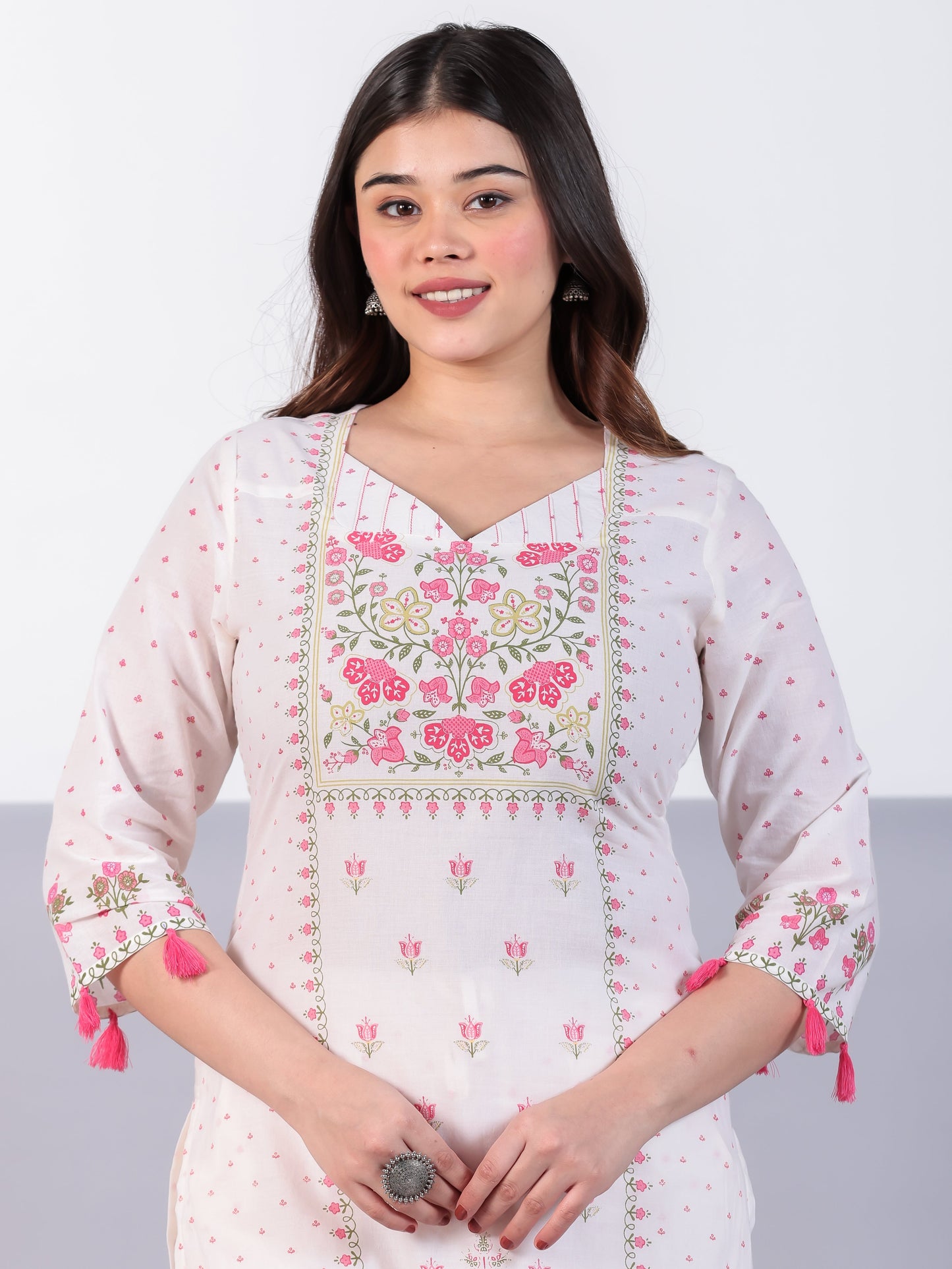 Embroidered Soft Cotton Floral Straight Off White Kurta