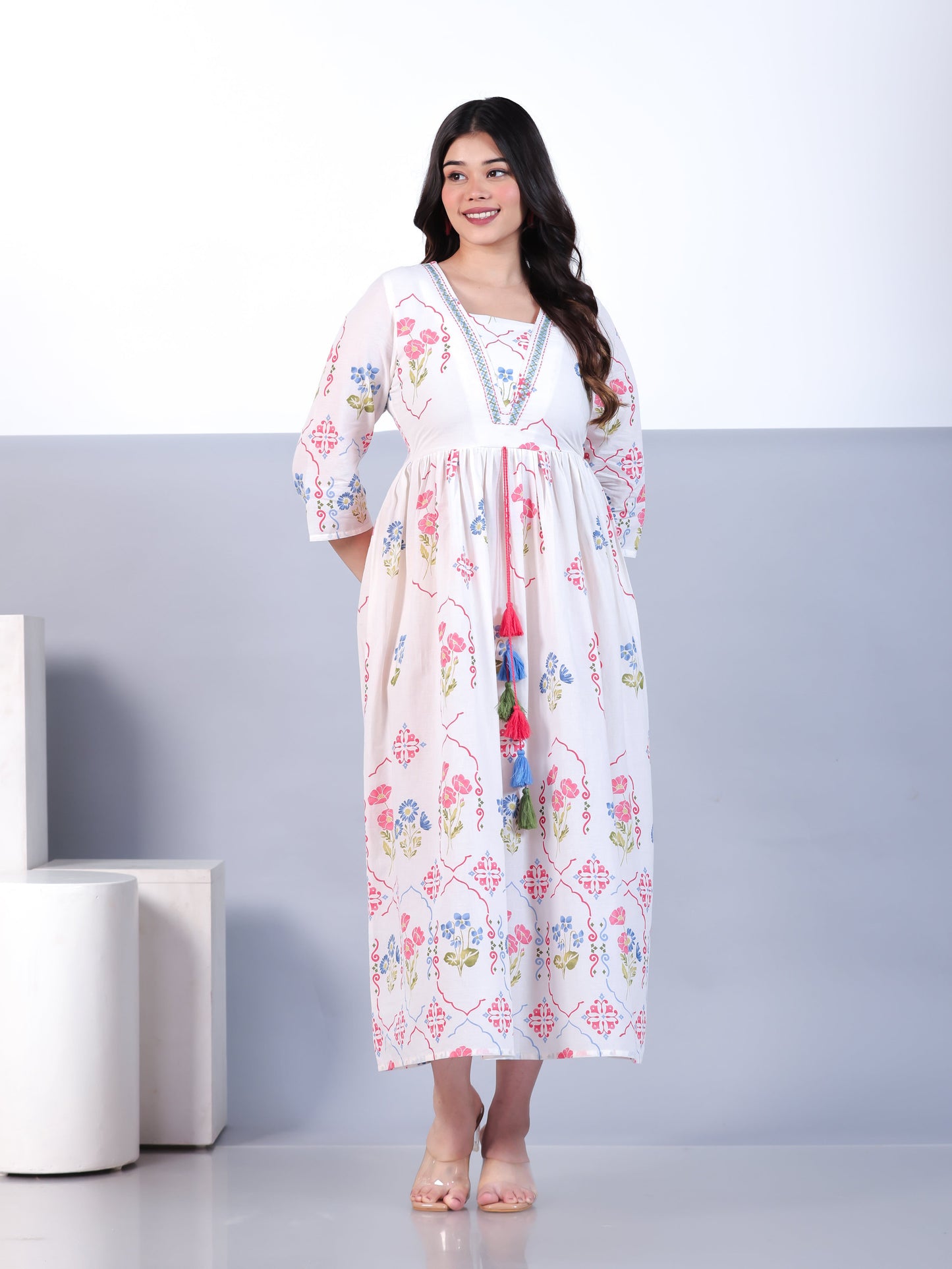 Soft Cotton Placement Print Flared Off White Dress