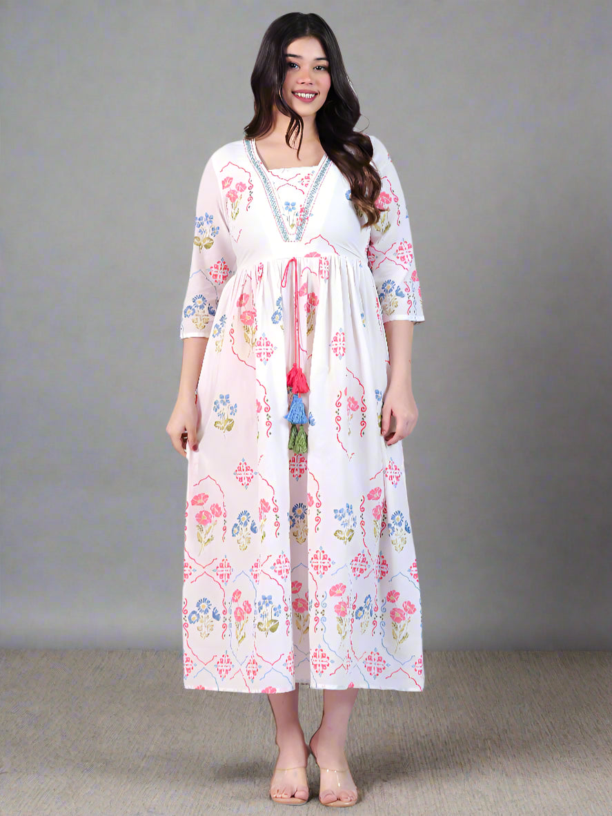 Soft Cotton Placement Print Flared Off White Dress