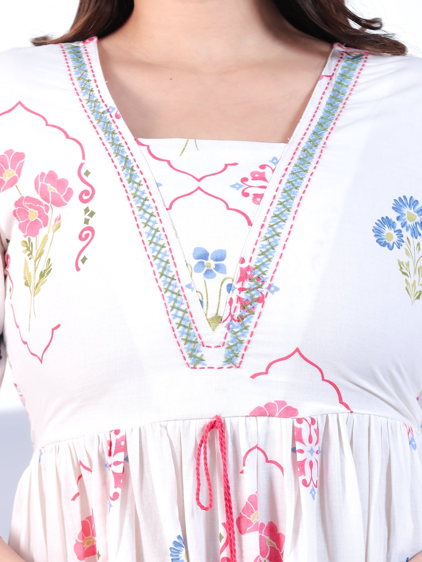 Soft Cotton Placement Print Flared Off White Dress
