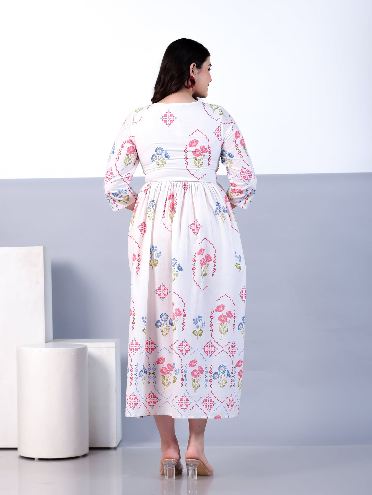 Soft Cotton Placement Print Flared Off White Dress