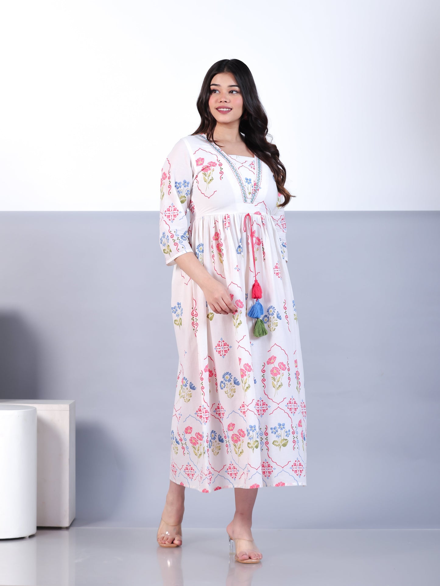 Soft Cotton Placement Print Flared Off White Dress