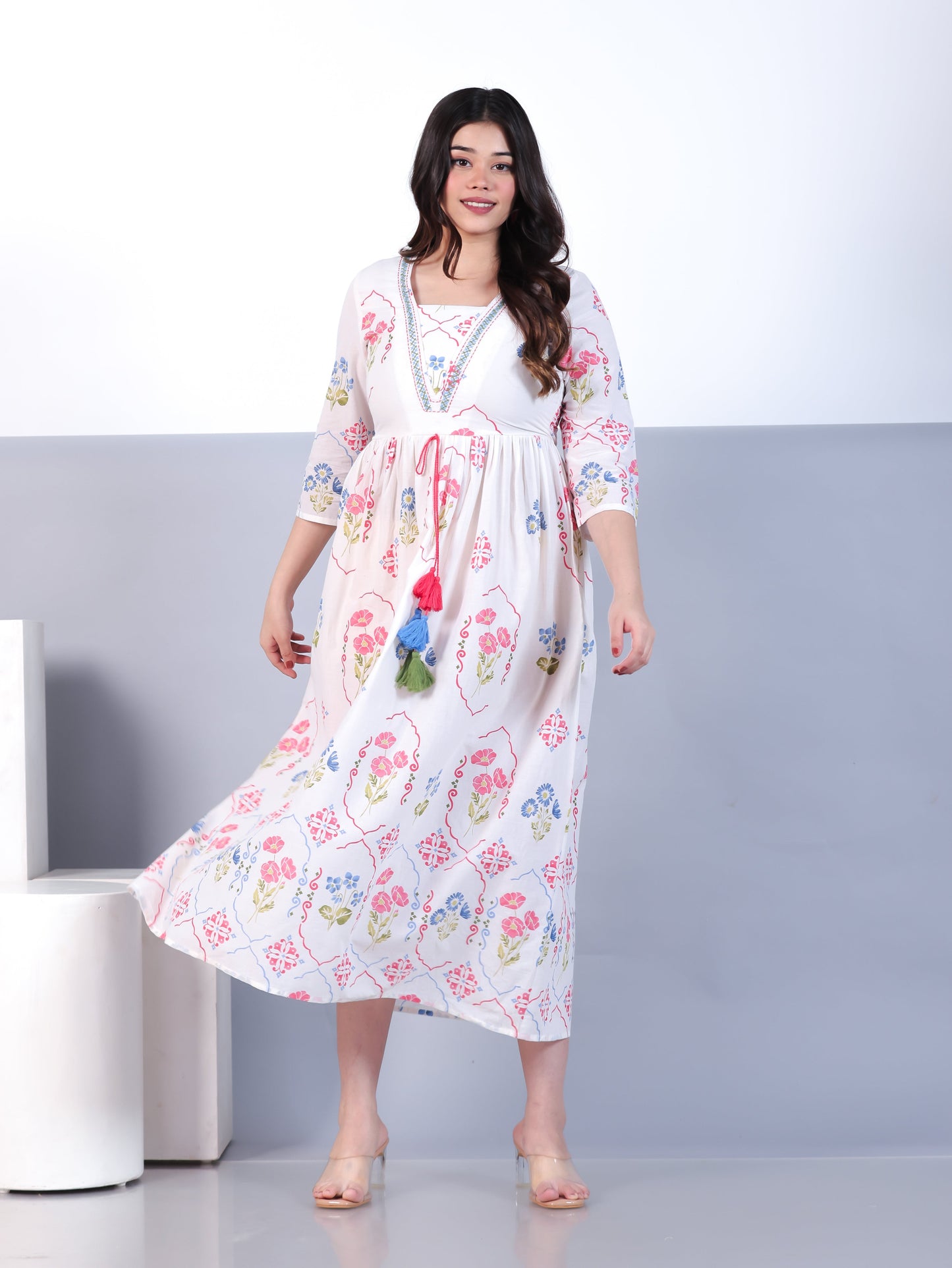 Soft Cotton Placement Print Flared Off White Dress