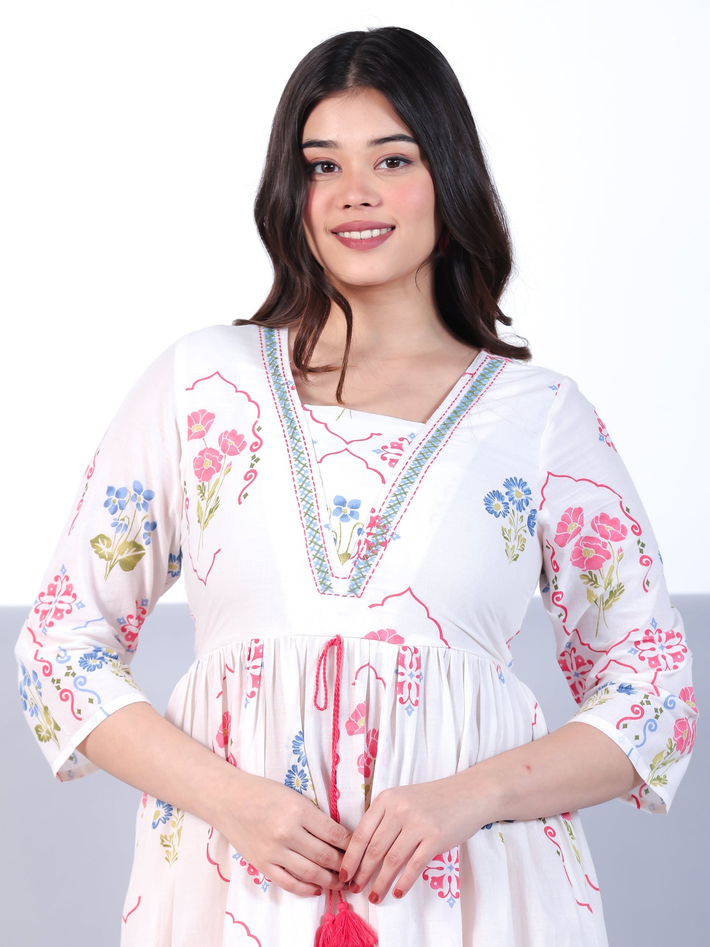 Soft Cotton Placement Print Flared Off White Dress