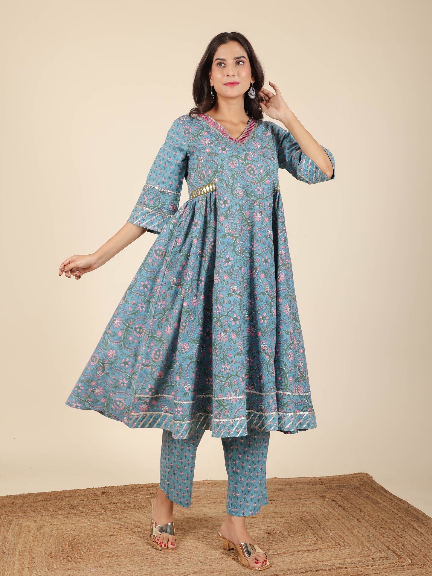 Soft Cotton Floral Flared Blue Kurta