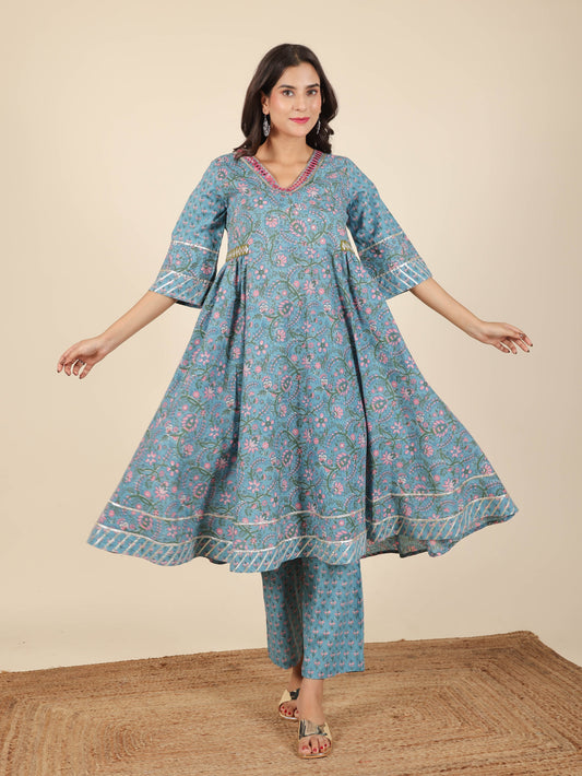 Soft Cotton Floral Flared Blue Kurta