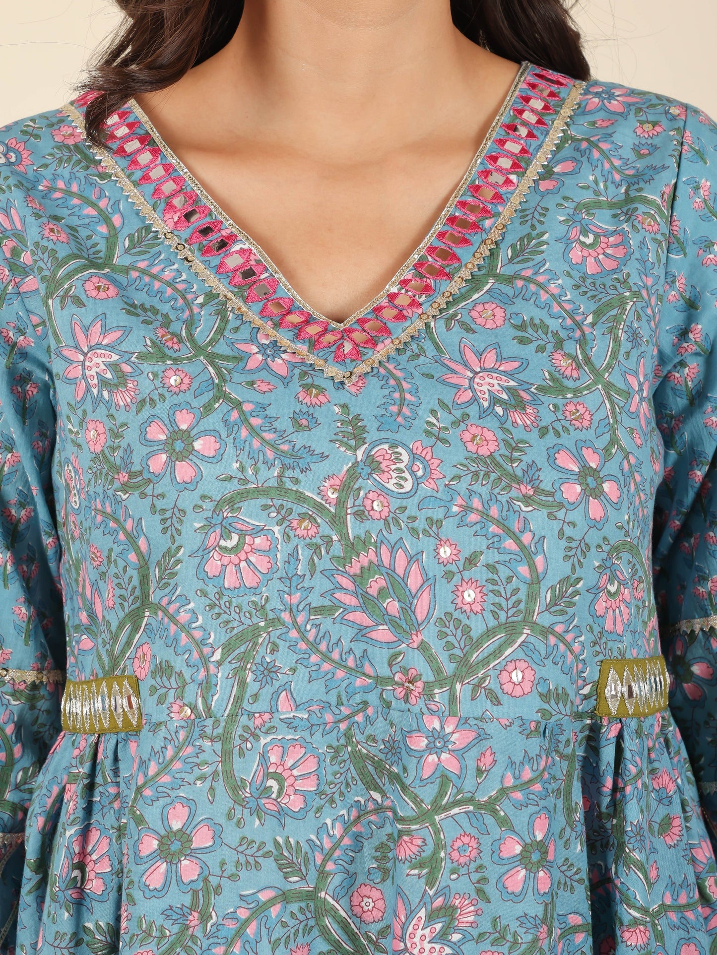 Soft Cotton Floral Flared Blue Kurta