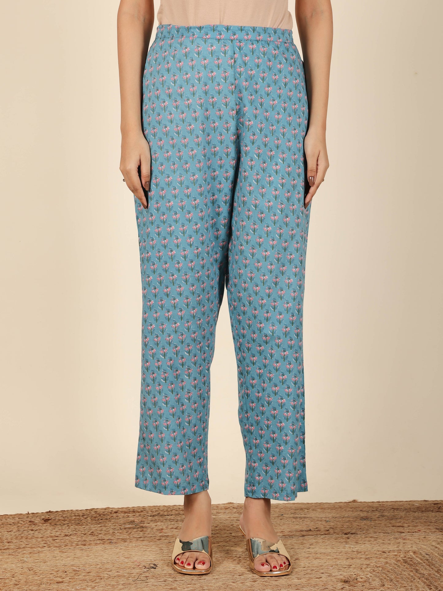 Soft Cotton Floral Flared Blue Kurta