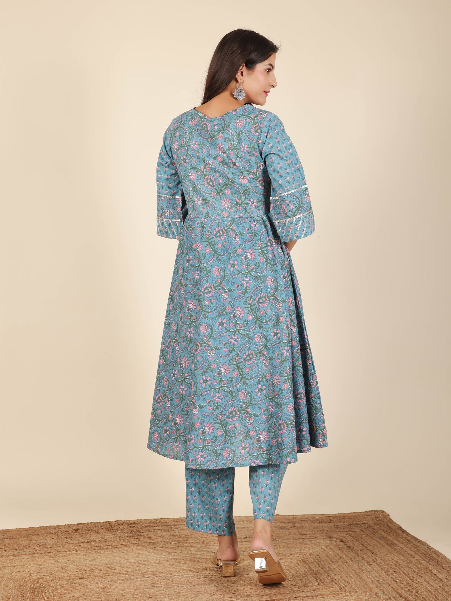 Soft Cotton Floral Flared Blue Kurta