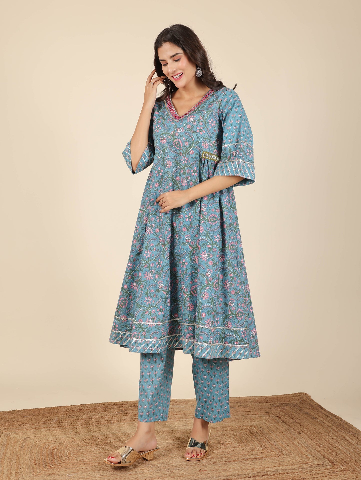 Soft Cotton Floral Flared Blue Kurta