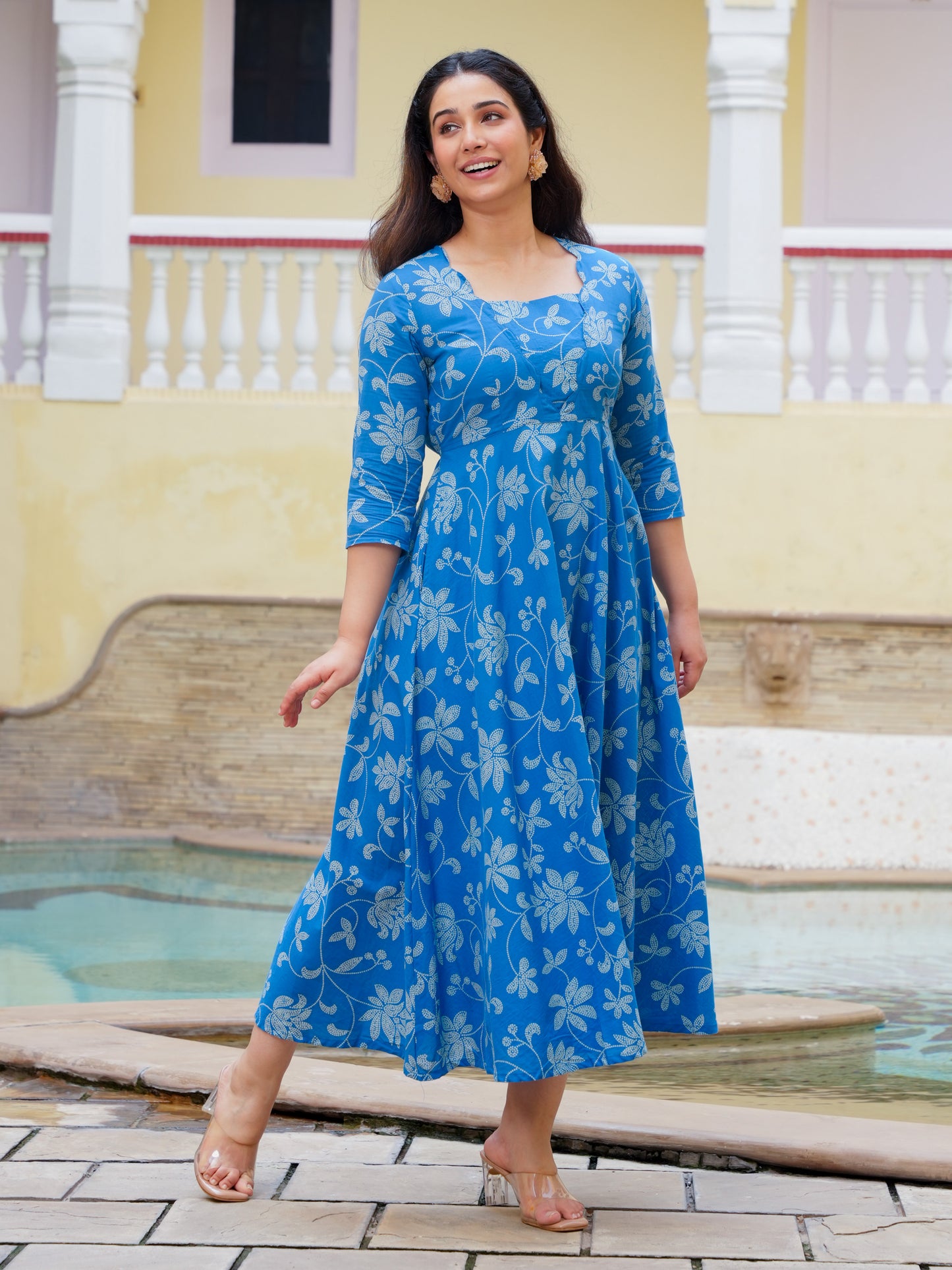 Soft Cotton Bandhani Anarkali Blue Dress