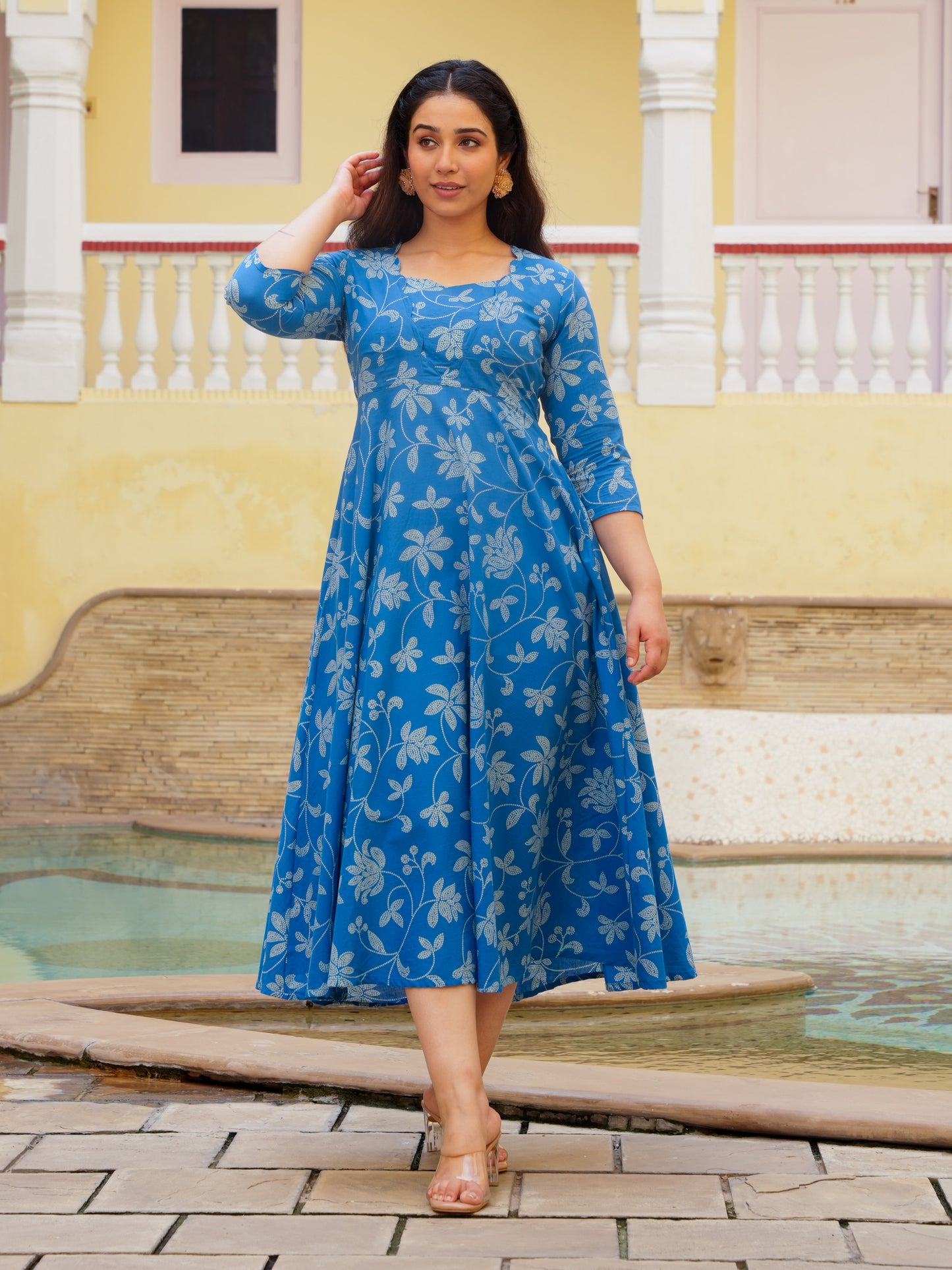Soft Cotton Bandhani Anarkali Blue Dress