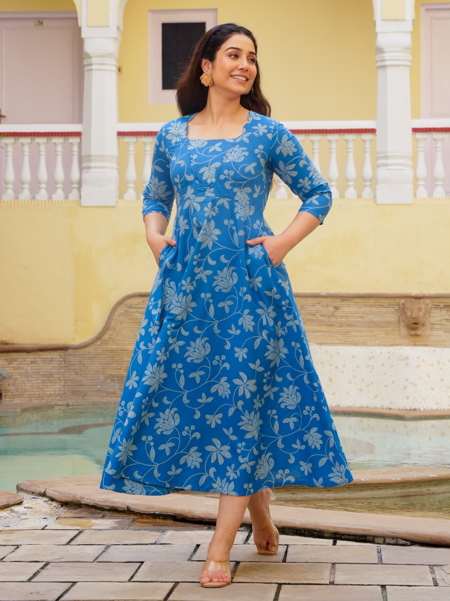 Soft Cotton Bandhani Anarkali Blue Dress