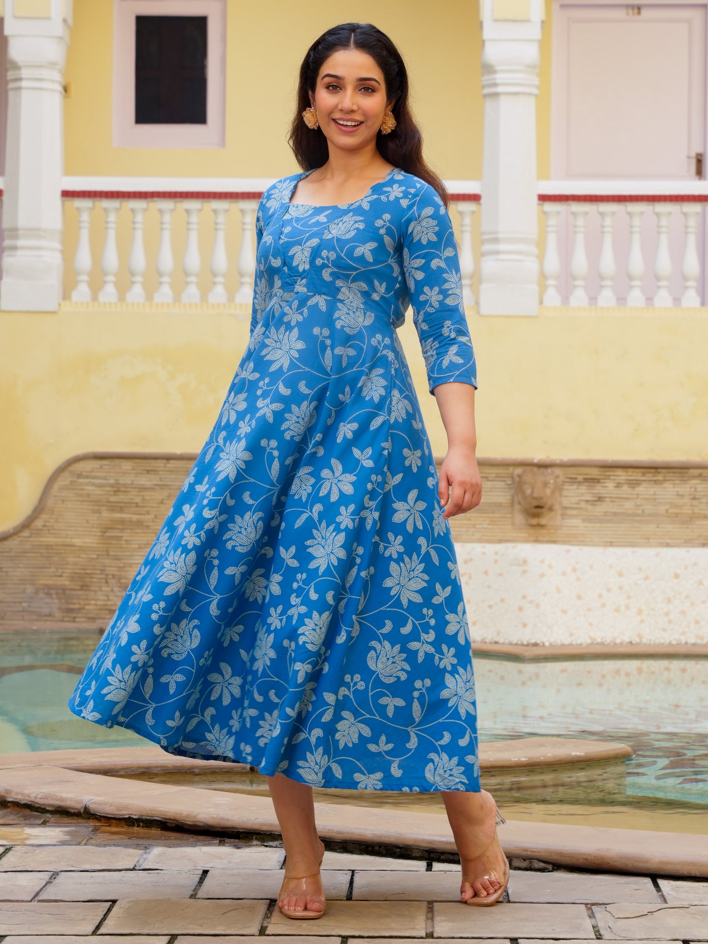 Soft Cotton Bandhani Anarkali Blue Dress