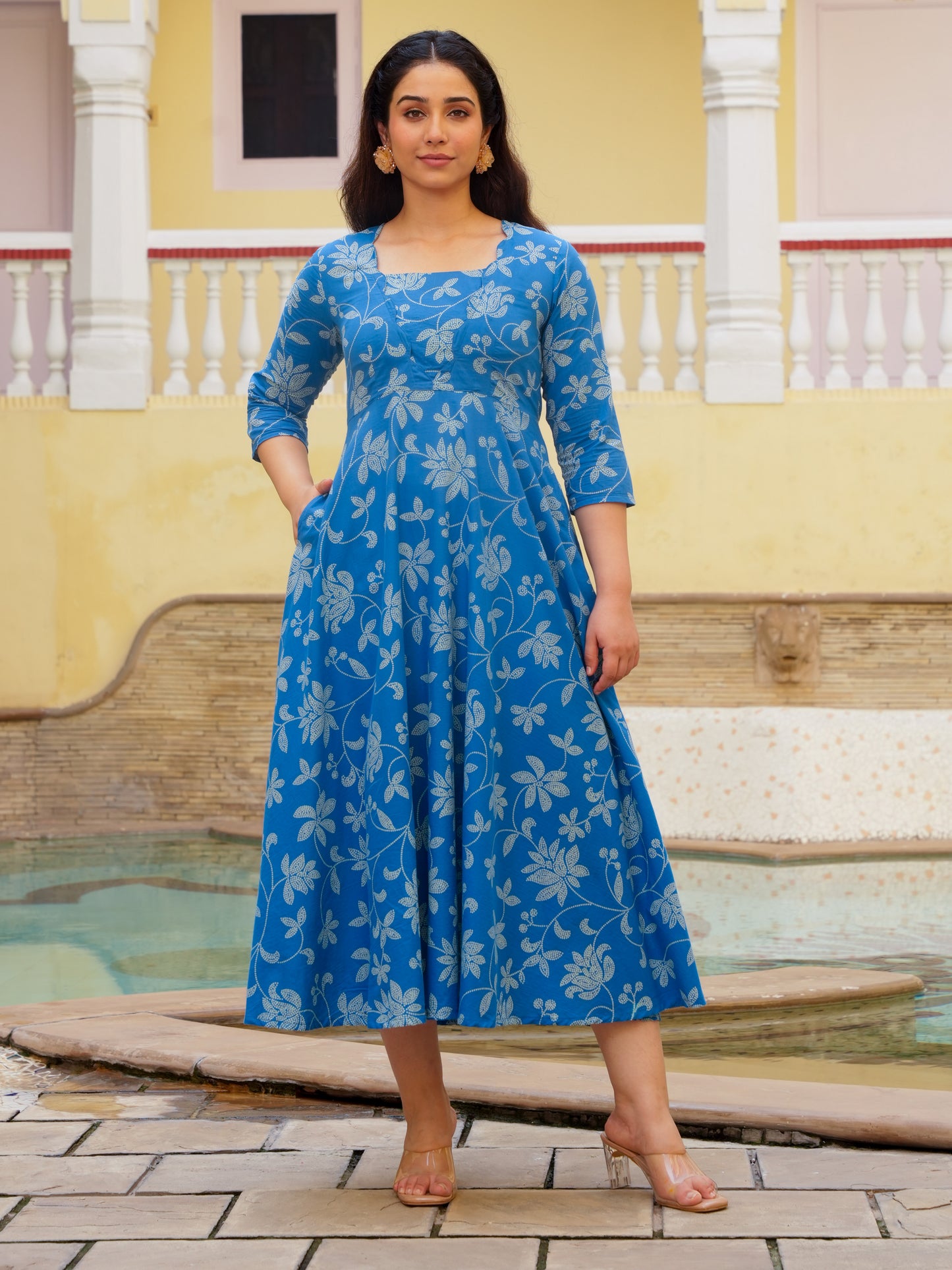 Soft Cotton Bandhani Anarkali Blue Dress