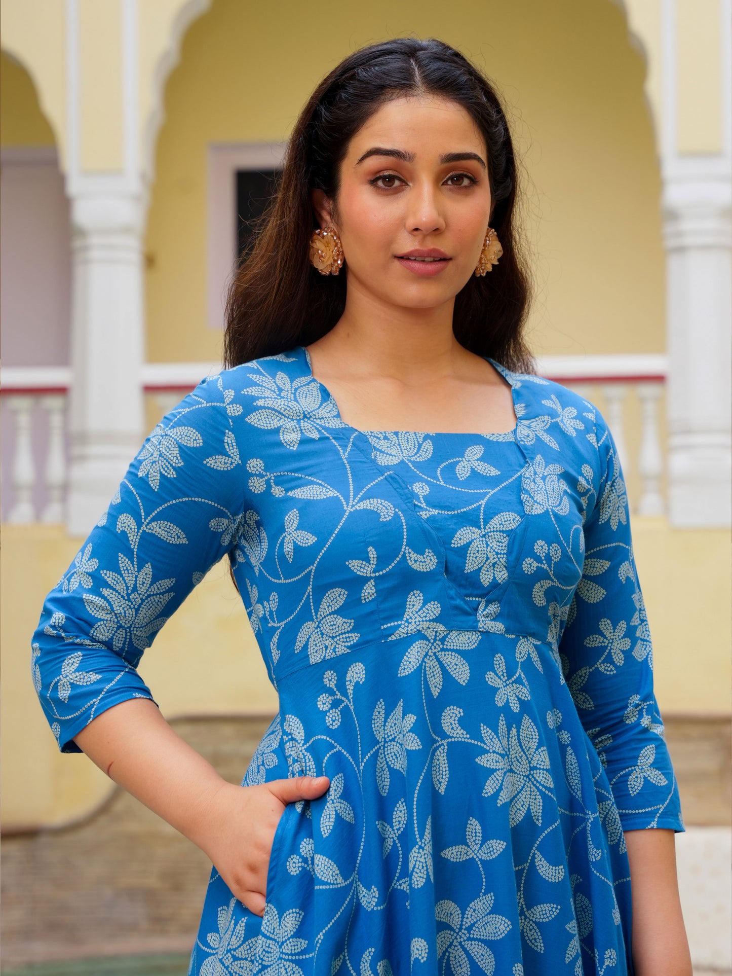 Soft Cotton Bandhani Anarkali Blue Dress