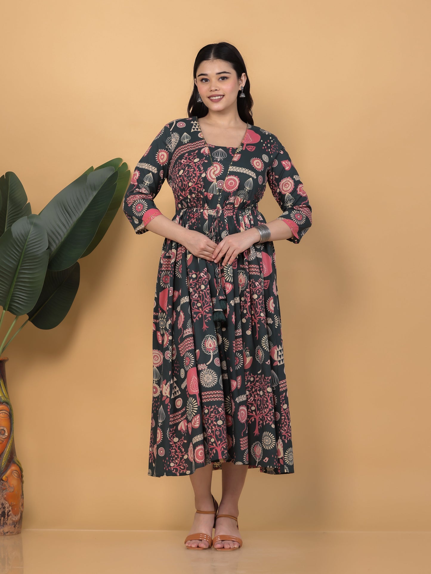 Embroidered Soft Cotton Geometric Anarkali Green Dress