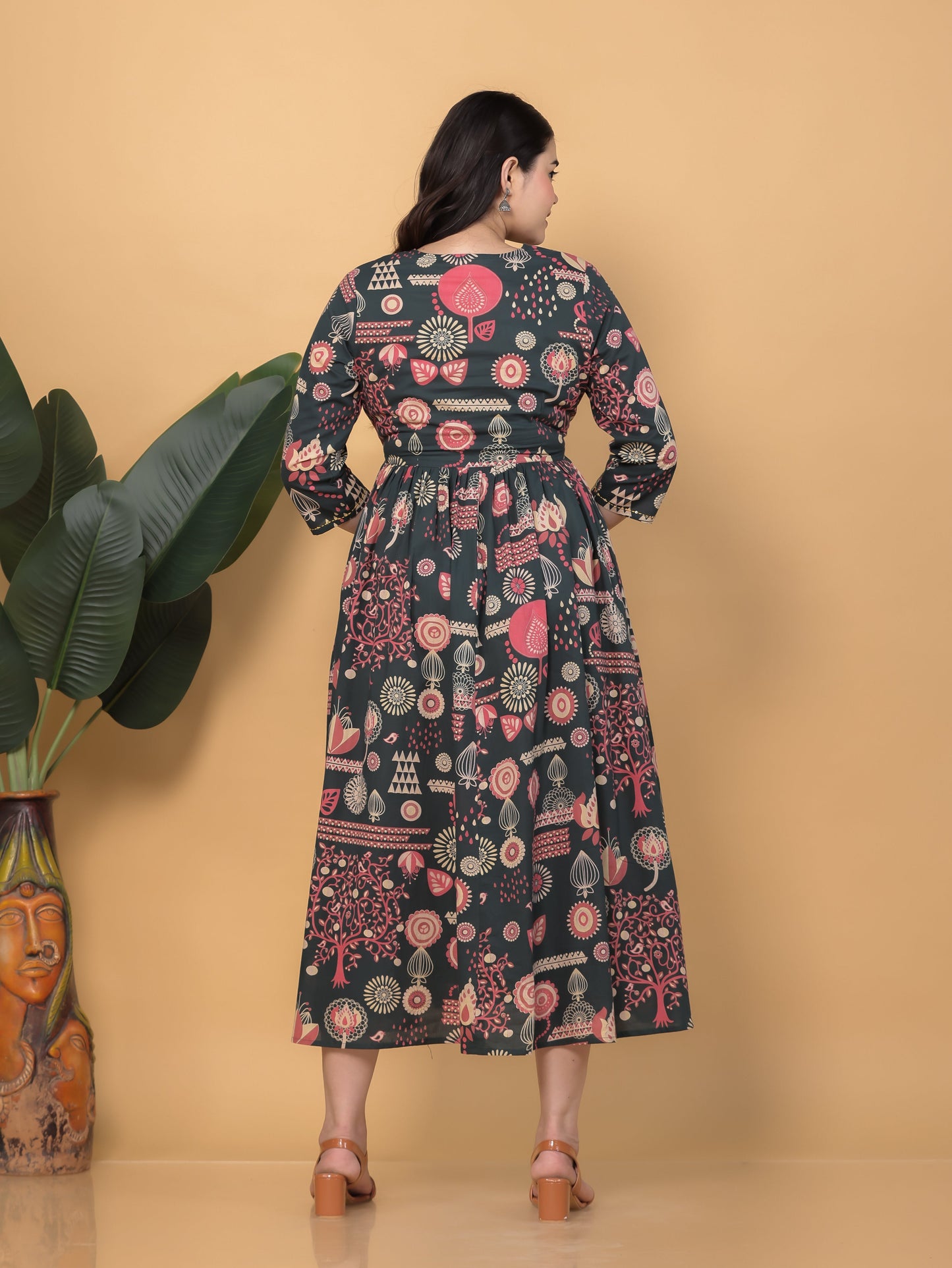 Embroidered Soft Cotton Geometric Anarkali Green Dress