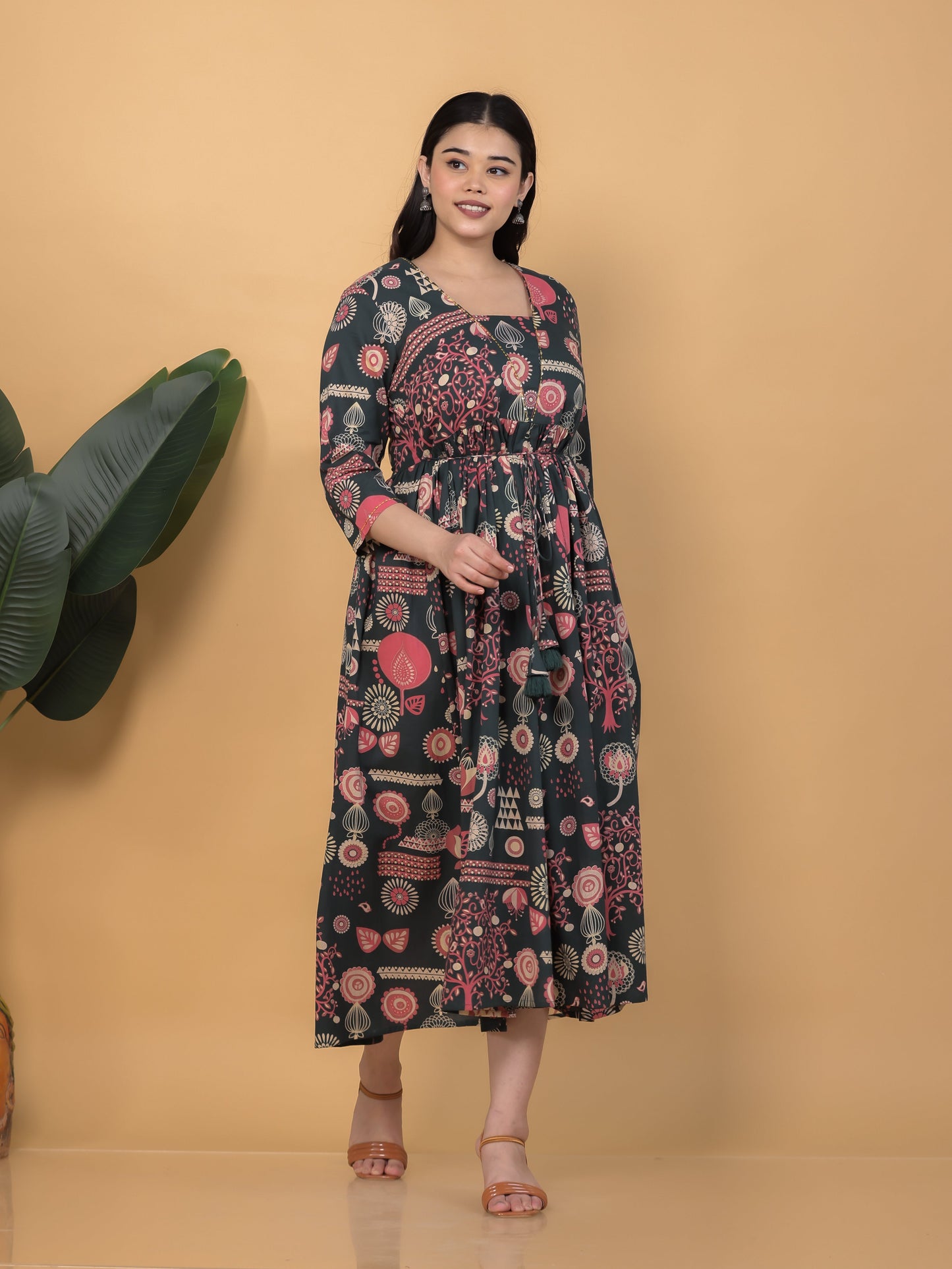 Embroidered Soft Cotton Geometric Anarkali Green Dress