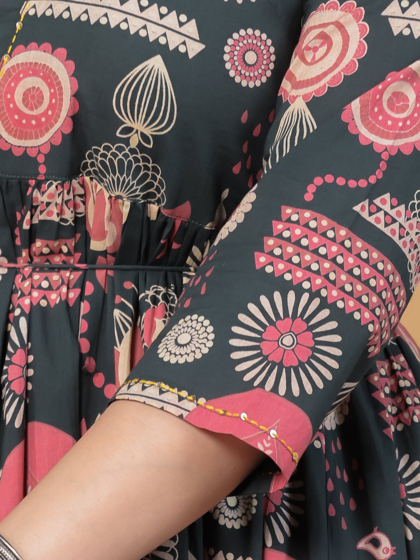 Embroidered Soft Cotton Geometric Anarkali Green Dress